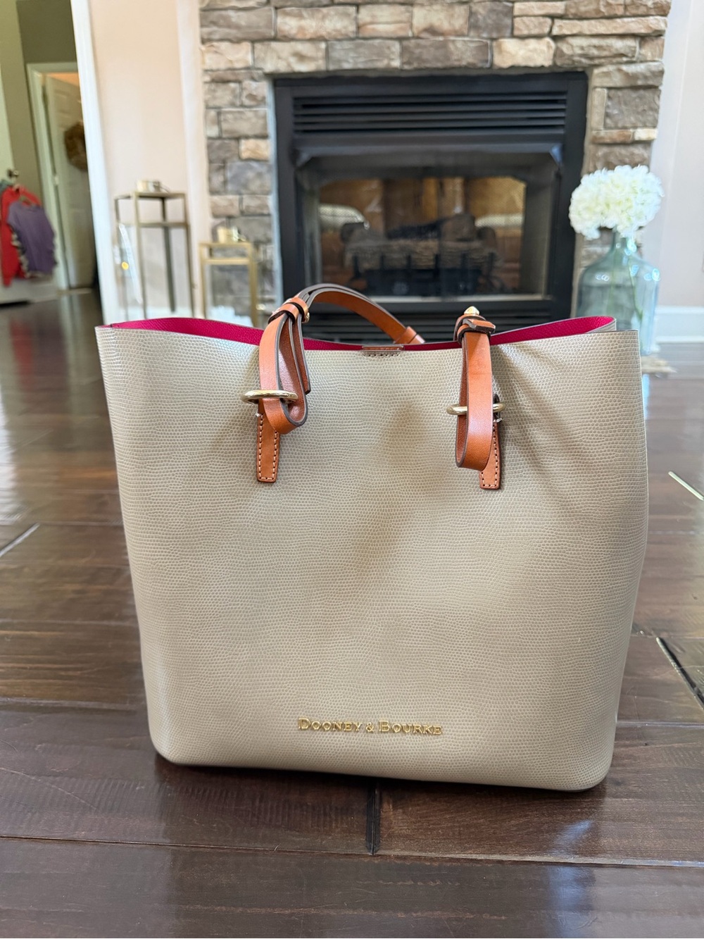 Dooney & Bourke Beige Tote with Pink Interior and Tan Handles